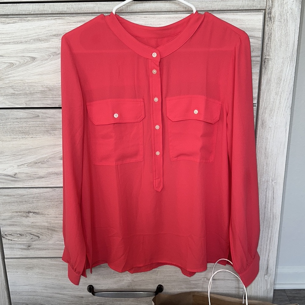 LOFT vibrant long sleeve blouse with button down neckline, brand new with tags
